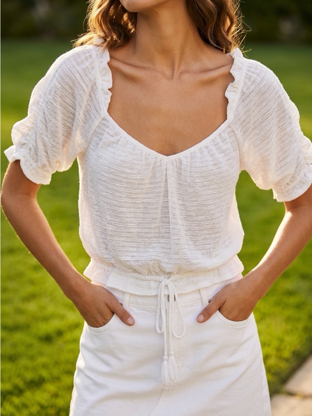 Women's White Peasant Tie-Waist Top